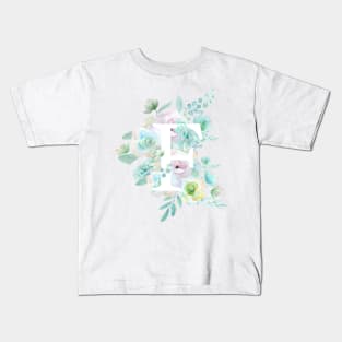 Botanical alphabet F green and purple flowers Kids T-Shirt